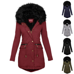 women's plush hooded parkas winter warm thick zip up jackets casual mid length solid buckle pockets coat outerwear clothing