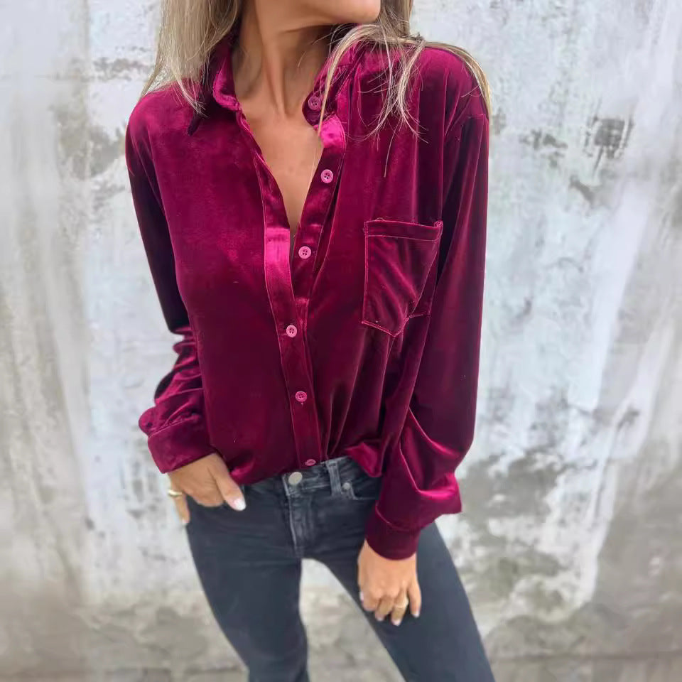 women's velvet long sleeved single breasted shirt casual lapel long sleeve solid color tops daily wear women's velvet long sleeved single breasted shirt casual lapel long sleeve solid color tops daily wear