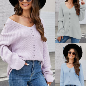 long sleeve sweater with pocket solid color v neck pullover knitwear women tops