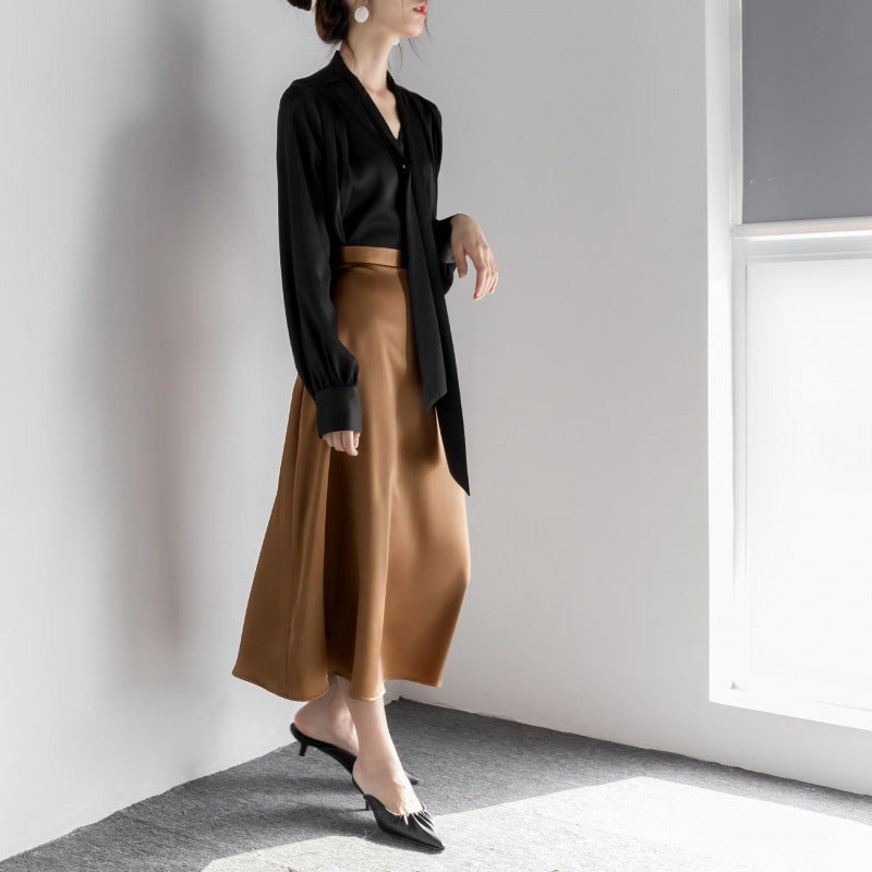 satin tie neck long sleeve shirt simple all match tops satin tie neck long sleeve shirt simple all match tops