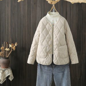 winter rhombus sewing coat with pockets warm round neck button jacket lightweight outerwear for women's clothing