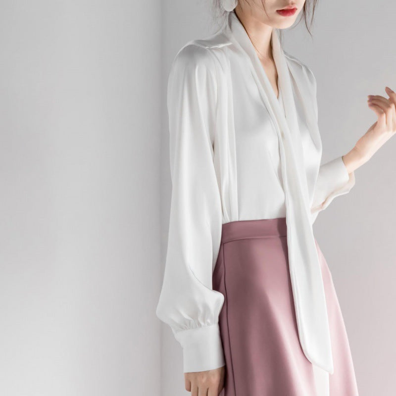 satin tie neck long sleeve shirt simple all match tops satin tie neck long sleeve shirt simple all match tops