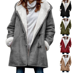 winter vintage button jackets women's warm fleece hooded coat casual mid length trench top outwear clothing